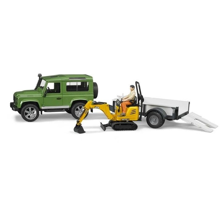 Bruder Land Rover Defender with trailer, JCB Excavator and worker