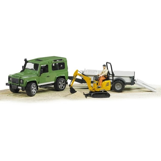 Bruder Land Rover Defender with trailer, JCB Excavator and worker